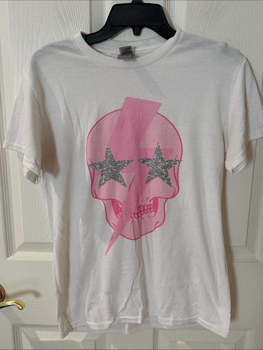 Gildan White Tee with Pink Skull and Silver Stars small cotton poly blend
